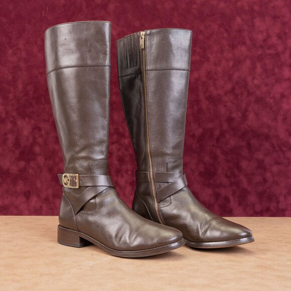 Michael Kors Women Bryce Black Brown Leather Riding Equestrian Knee Boots sz 8.5 - Picture 1 of 9